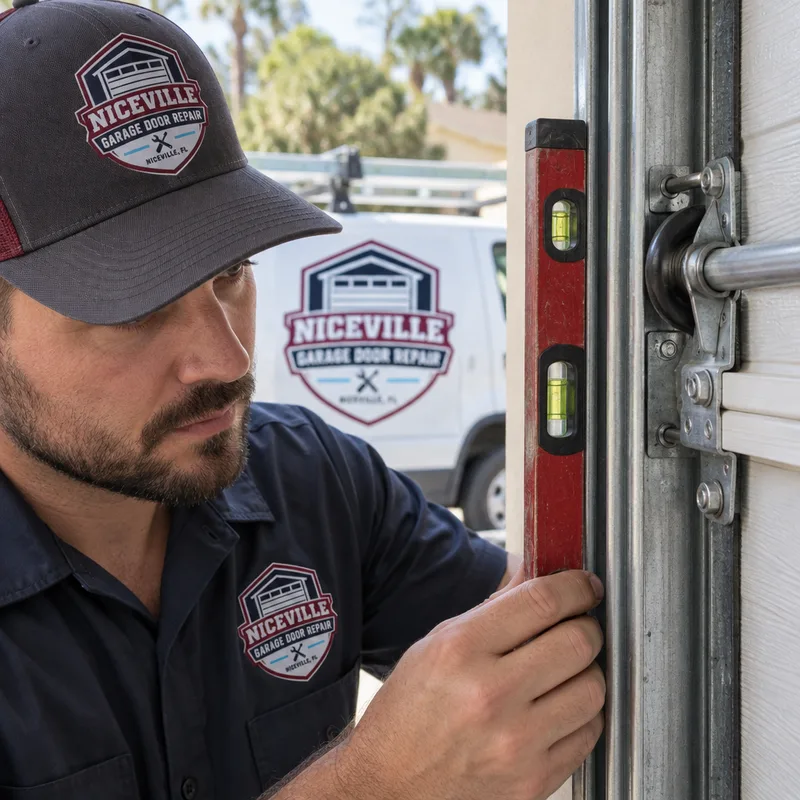 Level tool checking the vertical alignment of a garage door track and rollers