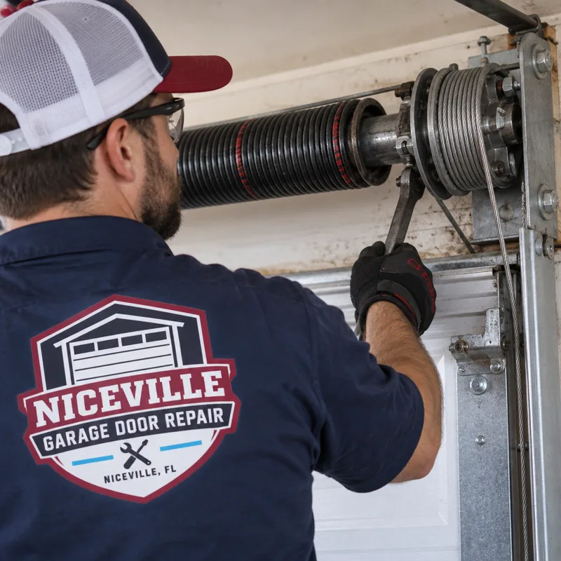 Torsion spring shaft, cable drum, and lift cable above a garage door