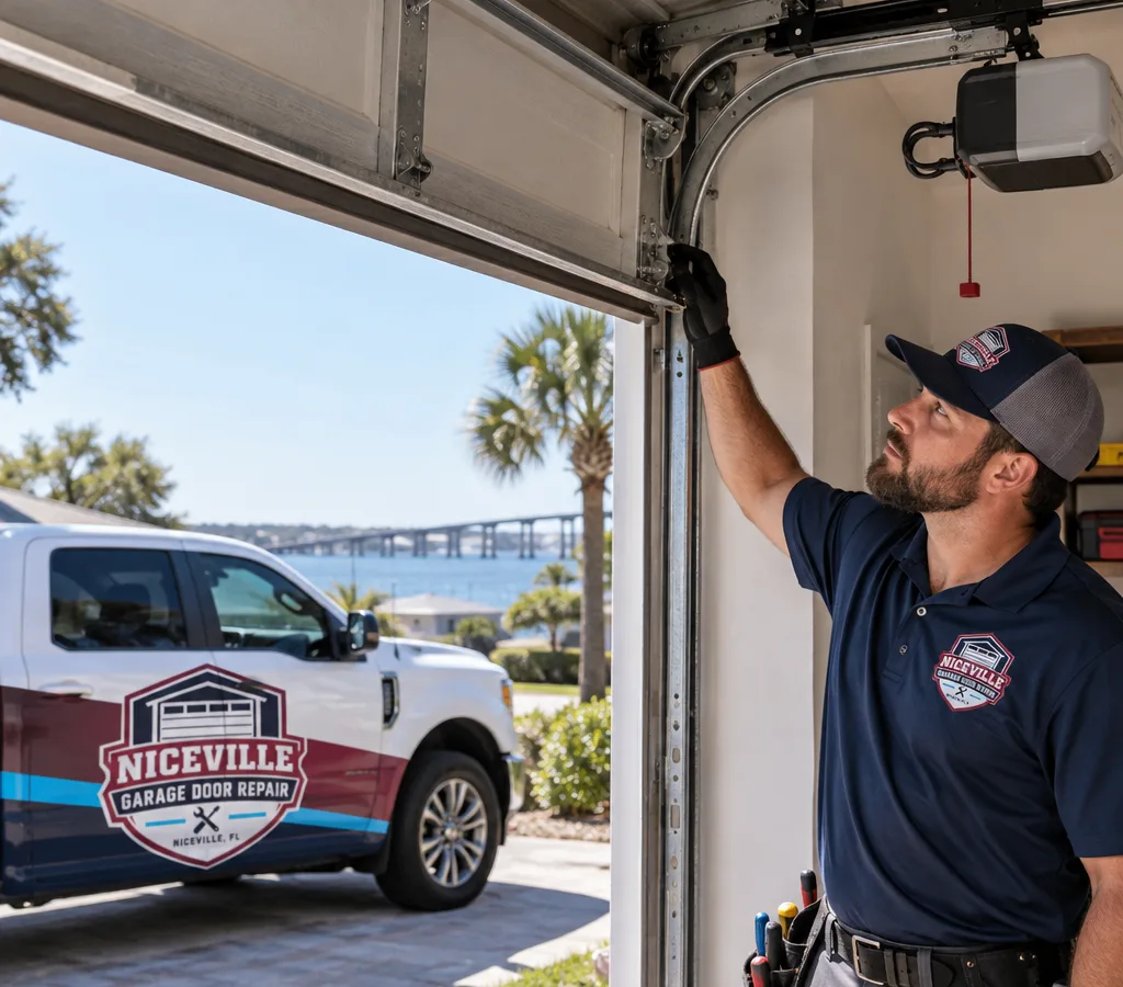 Contractor inspecting the rollers, tracks, and opener rail of a partially open residential garage door in Niceville