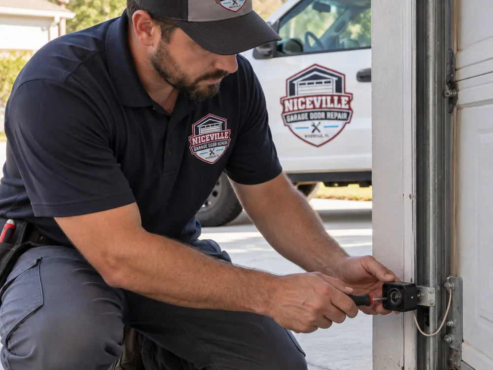 Contractor checking the alignment and wiring of garage door photo-eye safety sensors