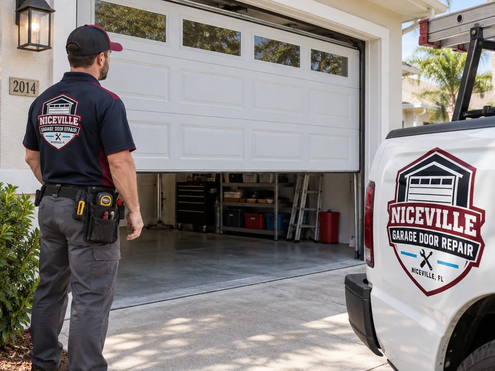 Residential sectional garage door traveling evenly while halfway open after adjustment
