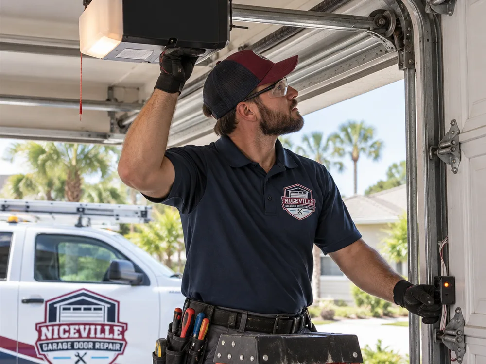 Contractor aligning garage door photo-eye sensors and checking their indicator lights