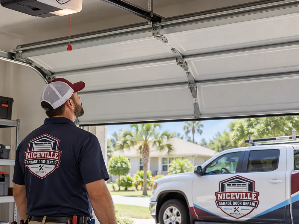 Ceiling-mounted garage door opener with a straight rail, supported mounting, and tidy wiring after service