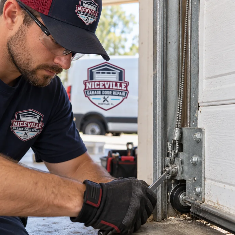 Garage door lift cable properly seated in the drum grooves at the top corner of the door