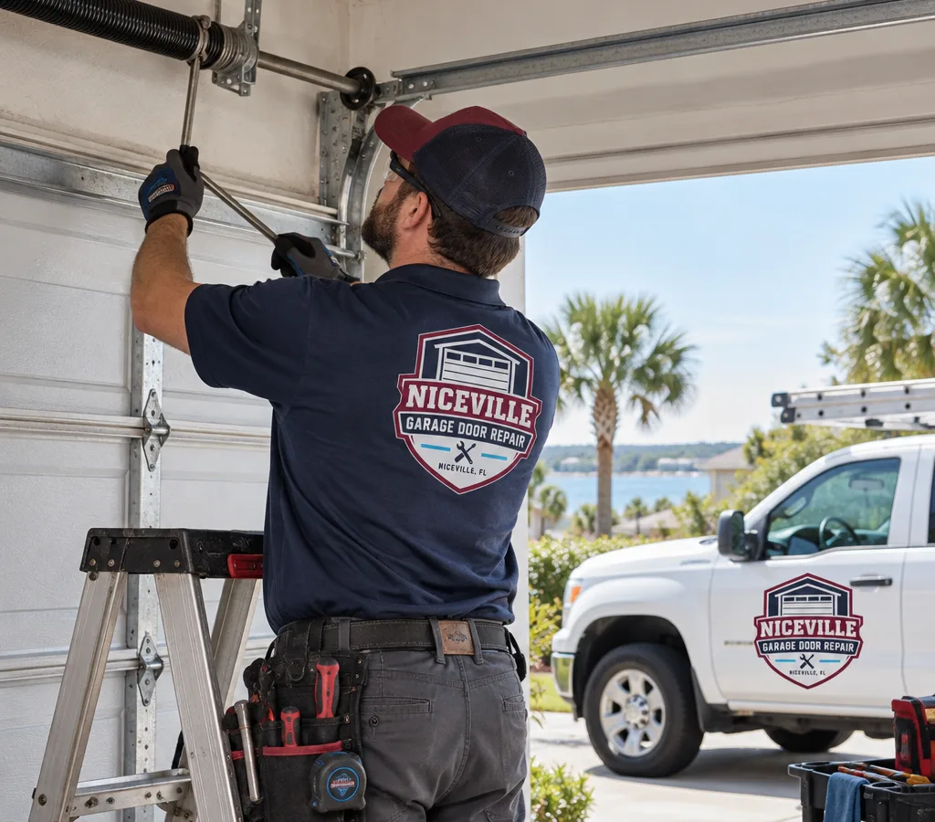 Contractor manually lifting a garage door to waist height during a balance test