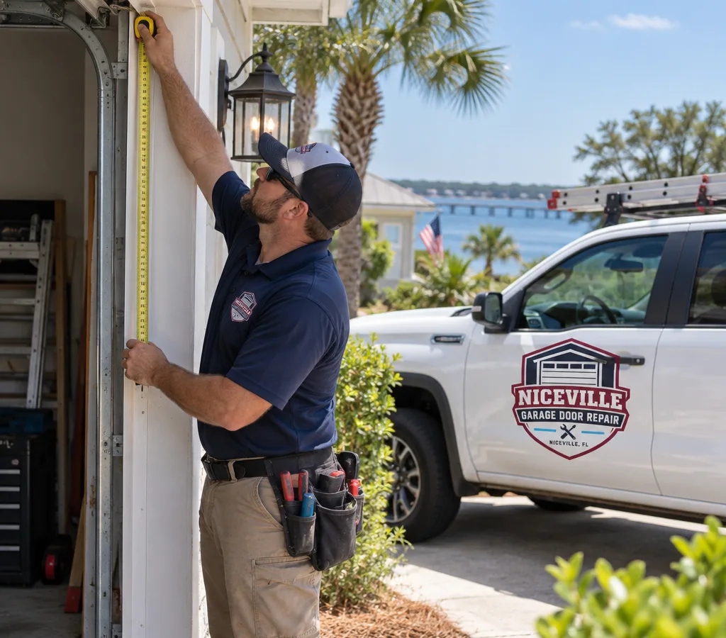Residential garage door open while a contractor measures the opening and checks track alignment before installation