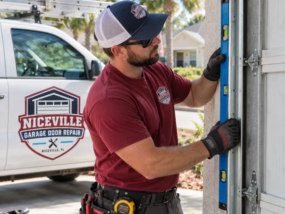 Contractor installing vertical garage door track and a flag bracket using a level