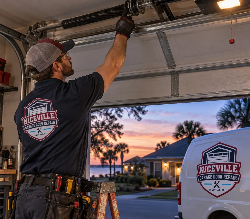 Residential garage door halfway open at dusk while a contractor inspects the torsion spring area and opener rail