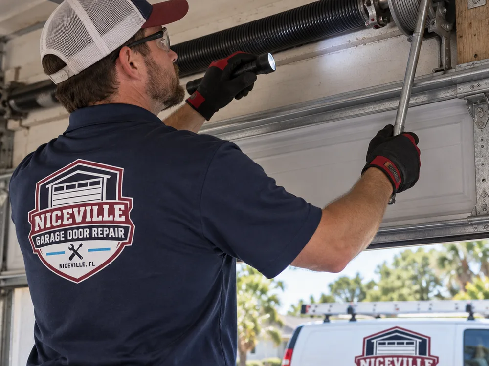 Contractor checking a torsion spring and cable drums above a garage door with a flashlight and winding bars visible