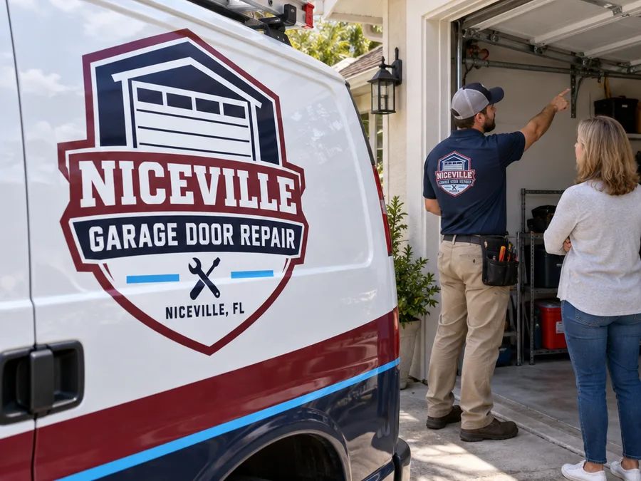 Contractor discussing a binding garage door's track and hardware with a homeowner in a Niceville driveway